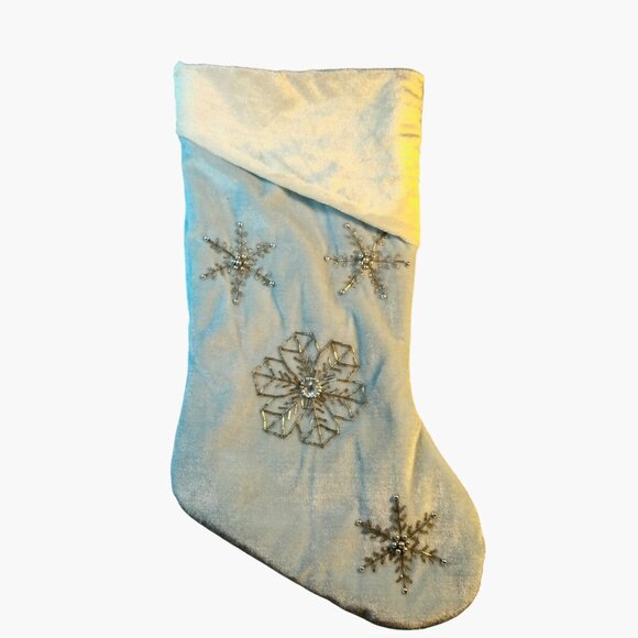 Blue velvet Christmas Stocking Beaded Silver Snowflakes - Picture 7 of 7